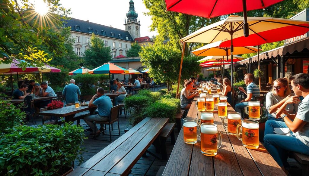 Prager Biergarten mit traditionellem Bier Prager Biergarten mit traditionellem Bier